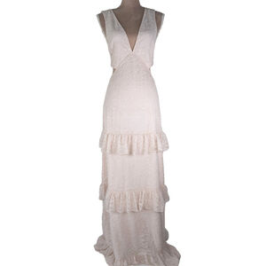 AFRM Deep Plunge Lace Tiered Maxi Dress Blush Pink L Beachy Wedding Formal